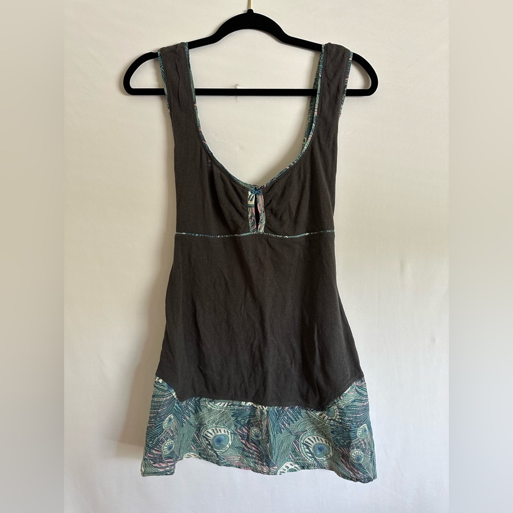 Free People VTG Long Tank Top Size M Gray Blue Peacock 90s Y2K Bohemian Tunic